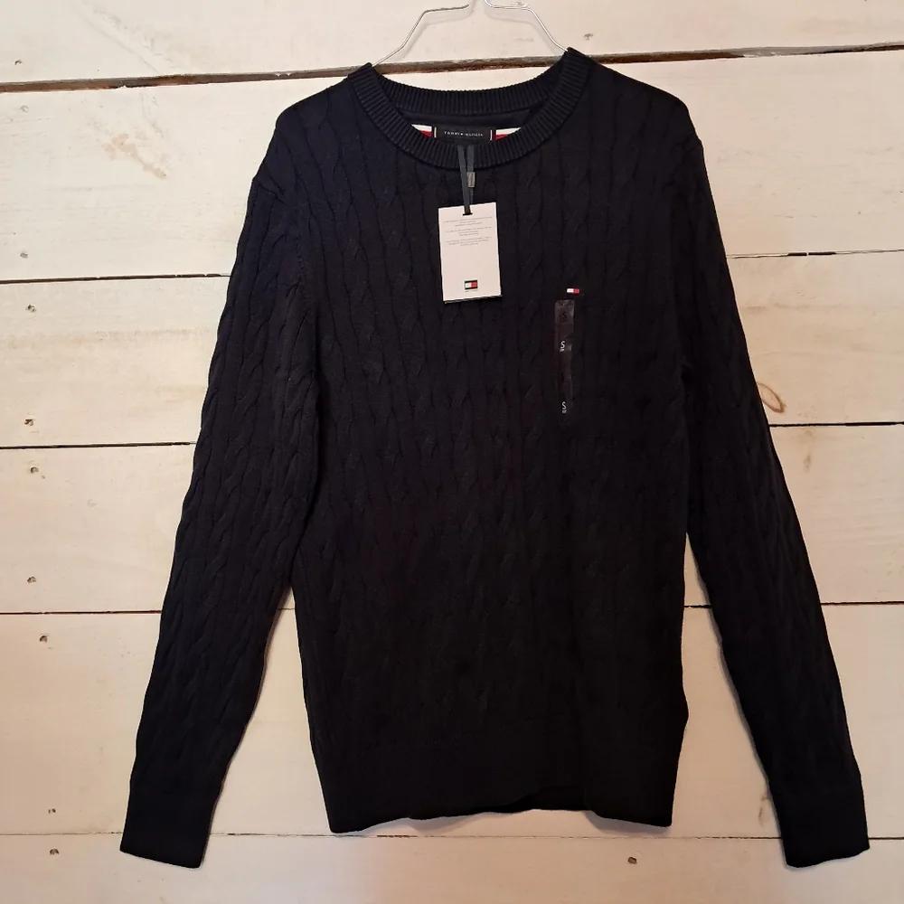 Tommy Hilfiger Mens Cable Knit Sweater Navy Blue Size Small Crew Neck NWT - Picture 1 of 6